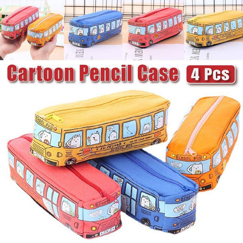 Cartoon Bus Pencil Case, Large Canvas Stationery Bag for Kids, Pack of 4