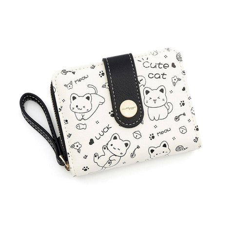 Cat Print Zip Wallet with Coin Purse and Card Slots - Black