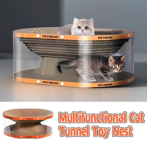 Cat Tunnel Bed and Scratcher, 58 x 45 x 23cm - Natural with Orange Trim