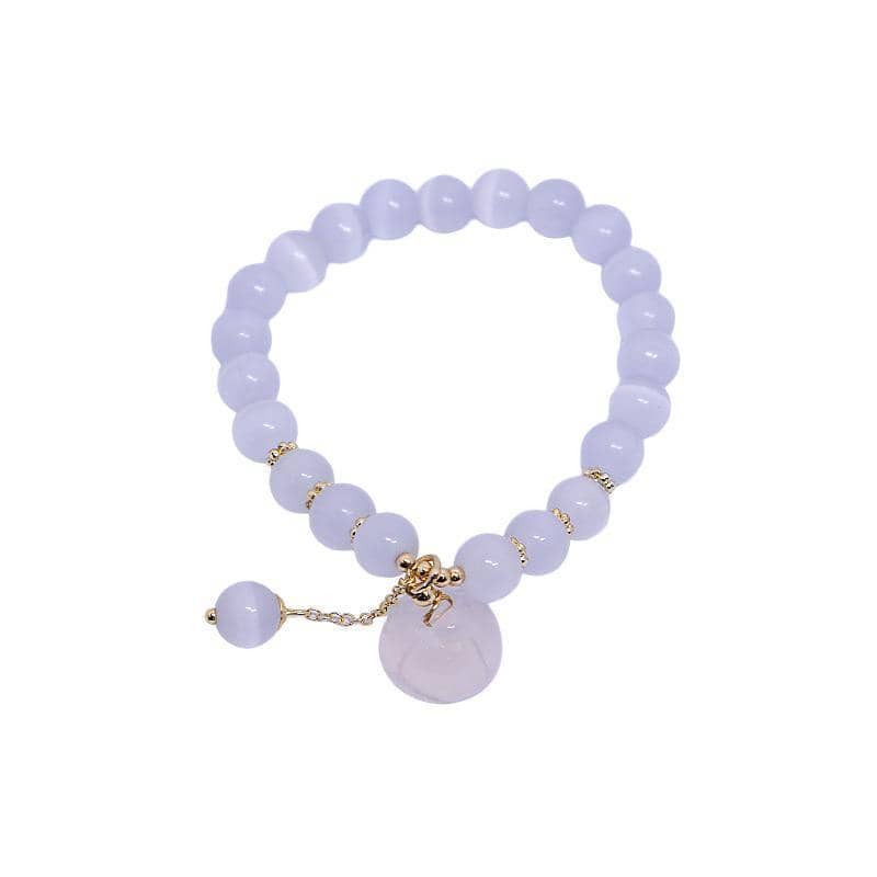 Cat's Eye Beaded Bracelet with Peace Buckle Lotus Pendant - White and Gold, Style 1