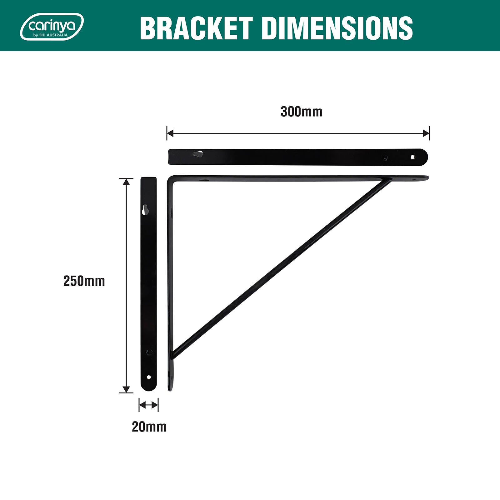 Carinya 300 x 250mm Black Powder Coated Steel Studio Stayed Bracket, 125kg