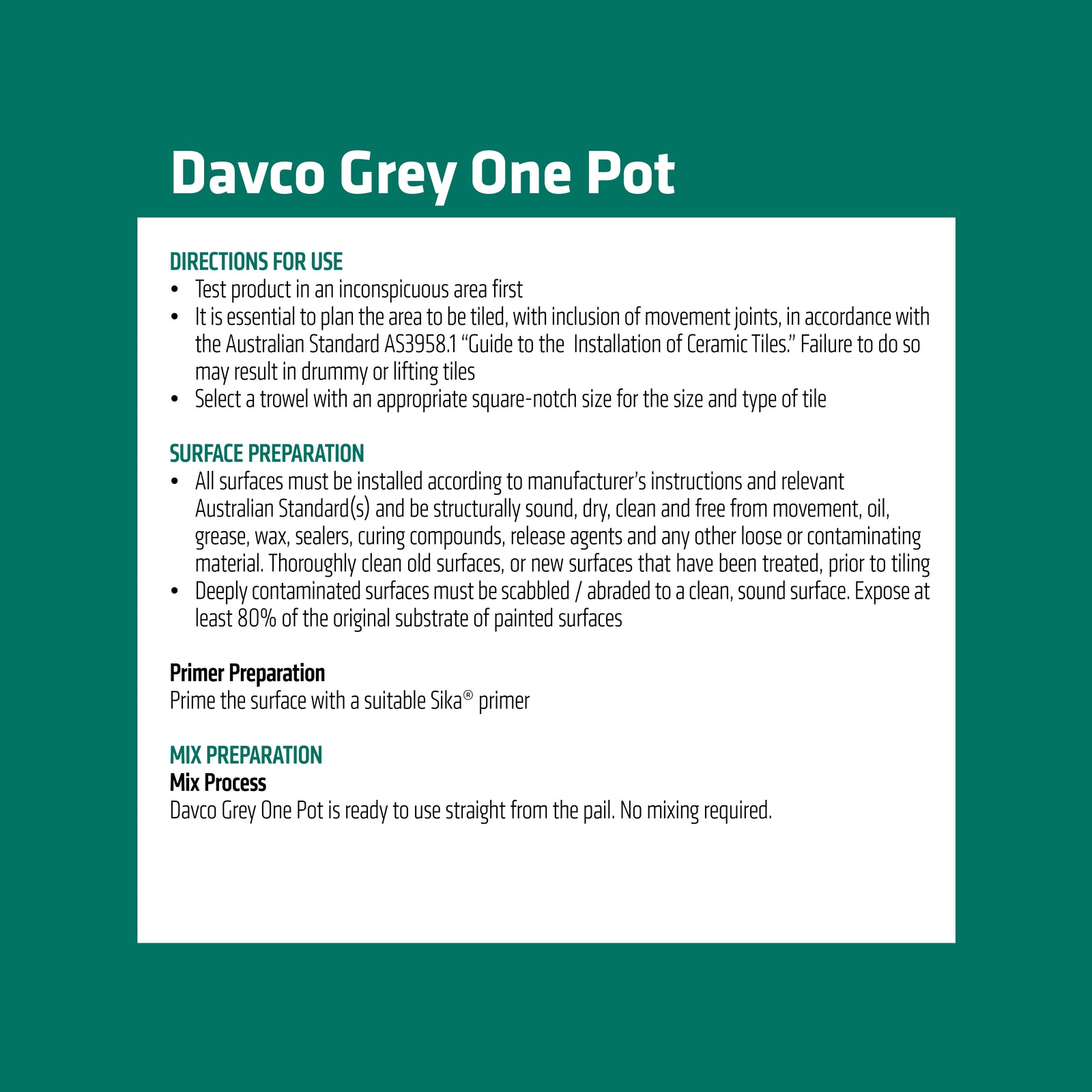 Davco 1L Grey One Pot Premixed Tile Adhesive Acrylic Indoor