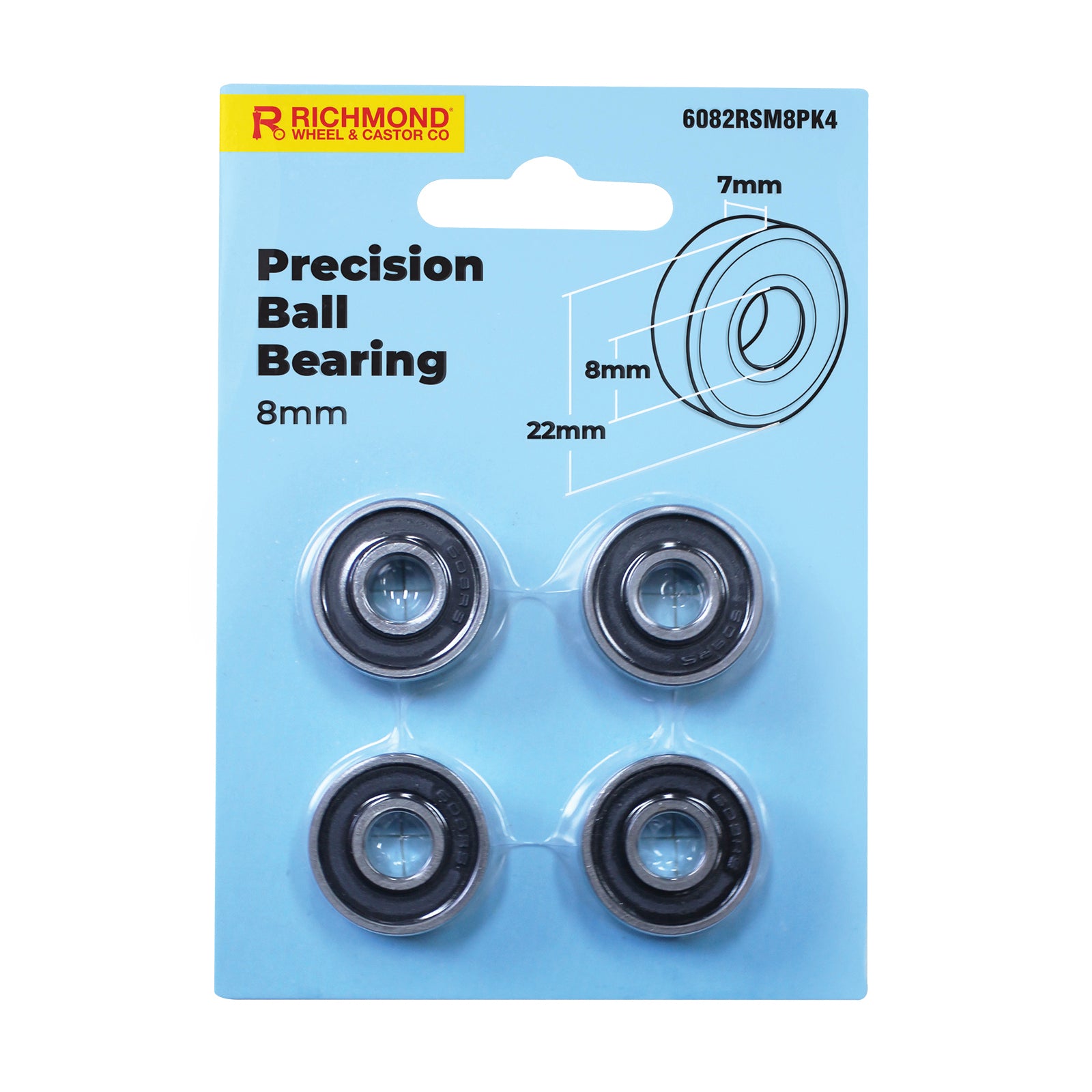 Richmond 22 x 8 x 7mm Chrome Steel Rubber Sealed Ball Bearing - 4 Pack