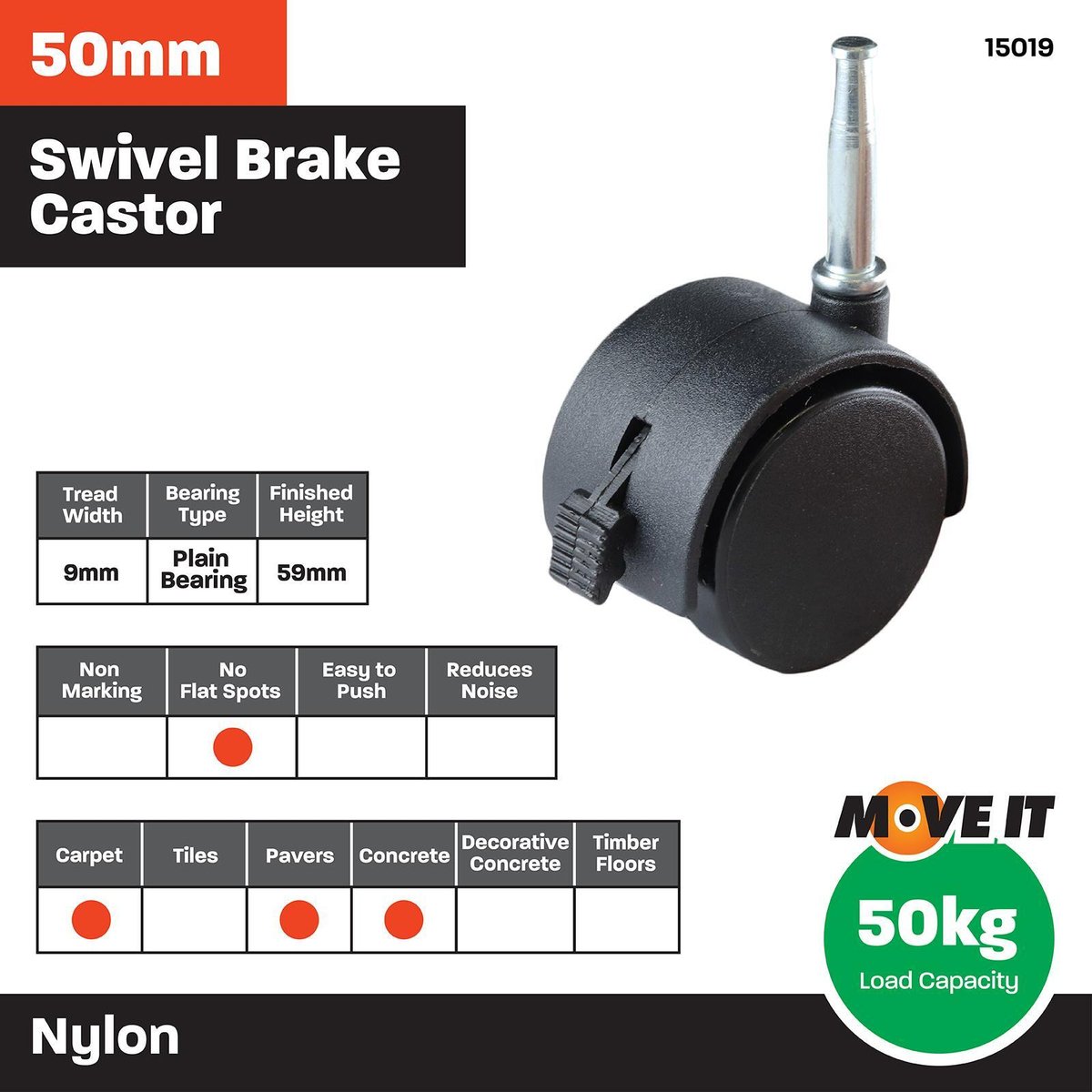 Move It 50mm Hooded Socket Furniture Castor with Brake, Nylon Twin Wheel, 50kg - 2 Pack