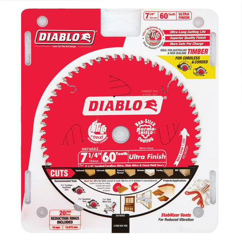 Diablo 184mm 60T Ultra Finish Circular Saw Blade - 20mm Arbor for Cordless Saws