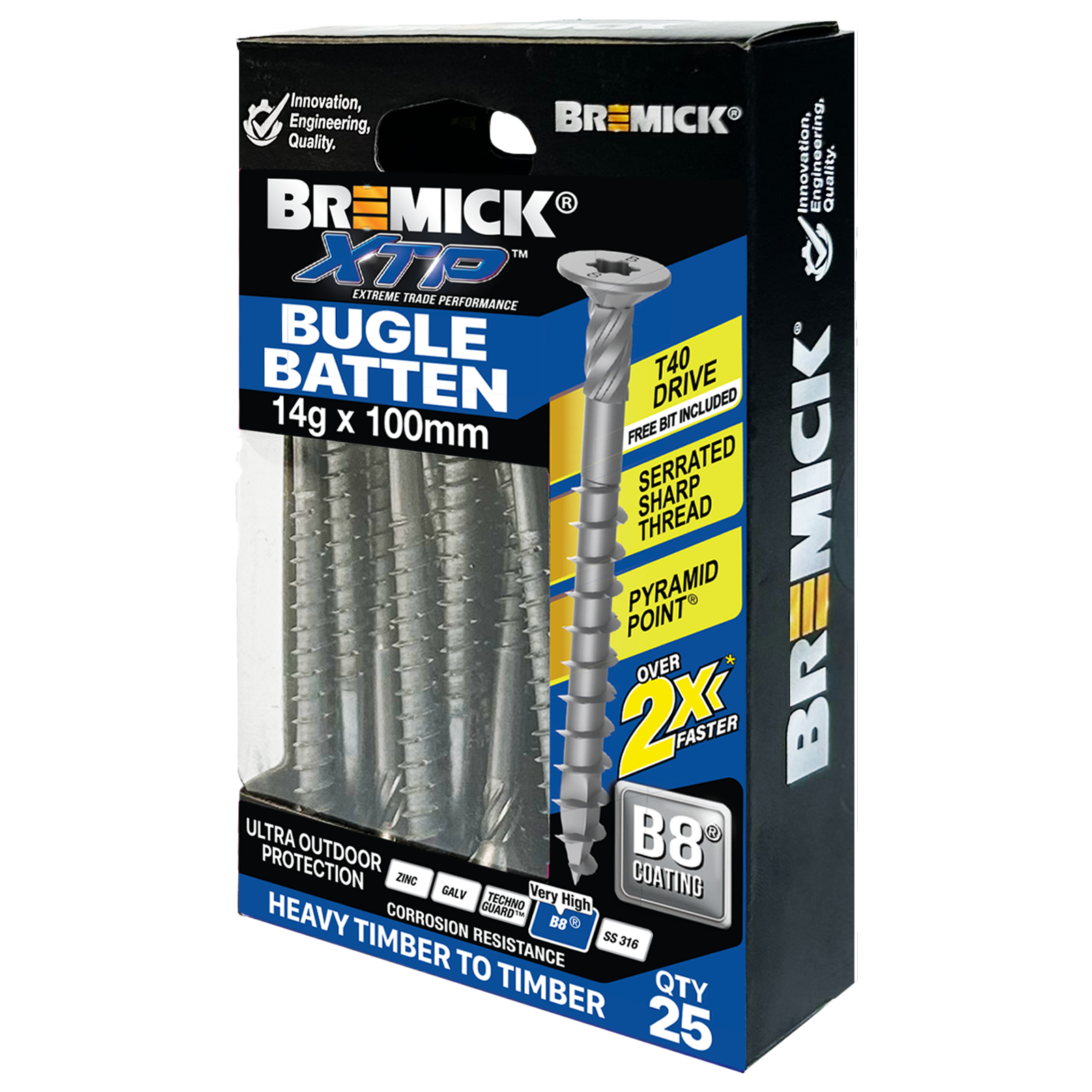 Bremick XTP 14g x 100mm Carbon Steel T40 B8 Bugle Batten Screws 25 Pack