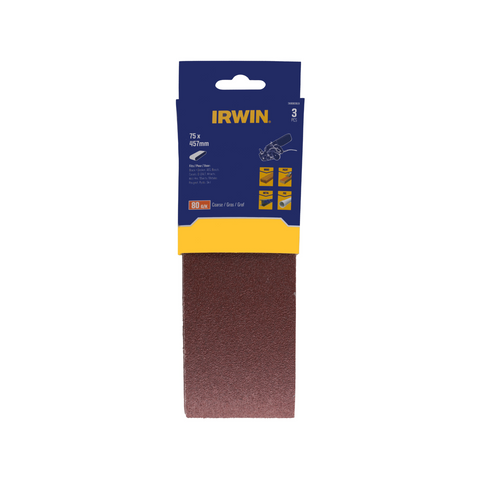 Irwin 75 x 457mm 80 Grit Sanding Belt 3 Pack for Wood & Metal