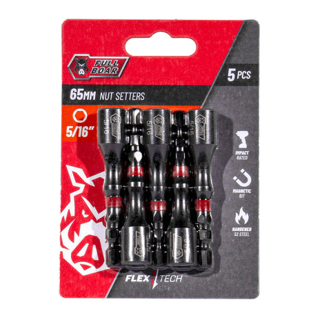 Full Boar 5/16" x 65mm S2 Steel Magnetic Impact Nut Setters 5 Pack