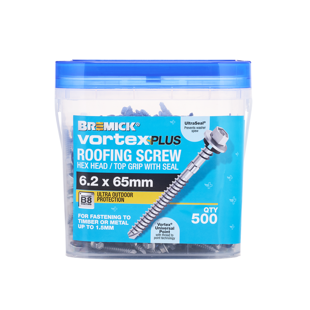 Bremick Vortex Plus Roofing Screw 6.2 x 65mm Hex B8 - Box of 500 - Vortex Point - Watertight Seal - SuperSaverAU - view 2