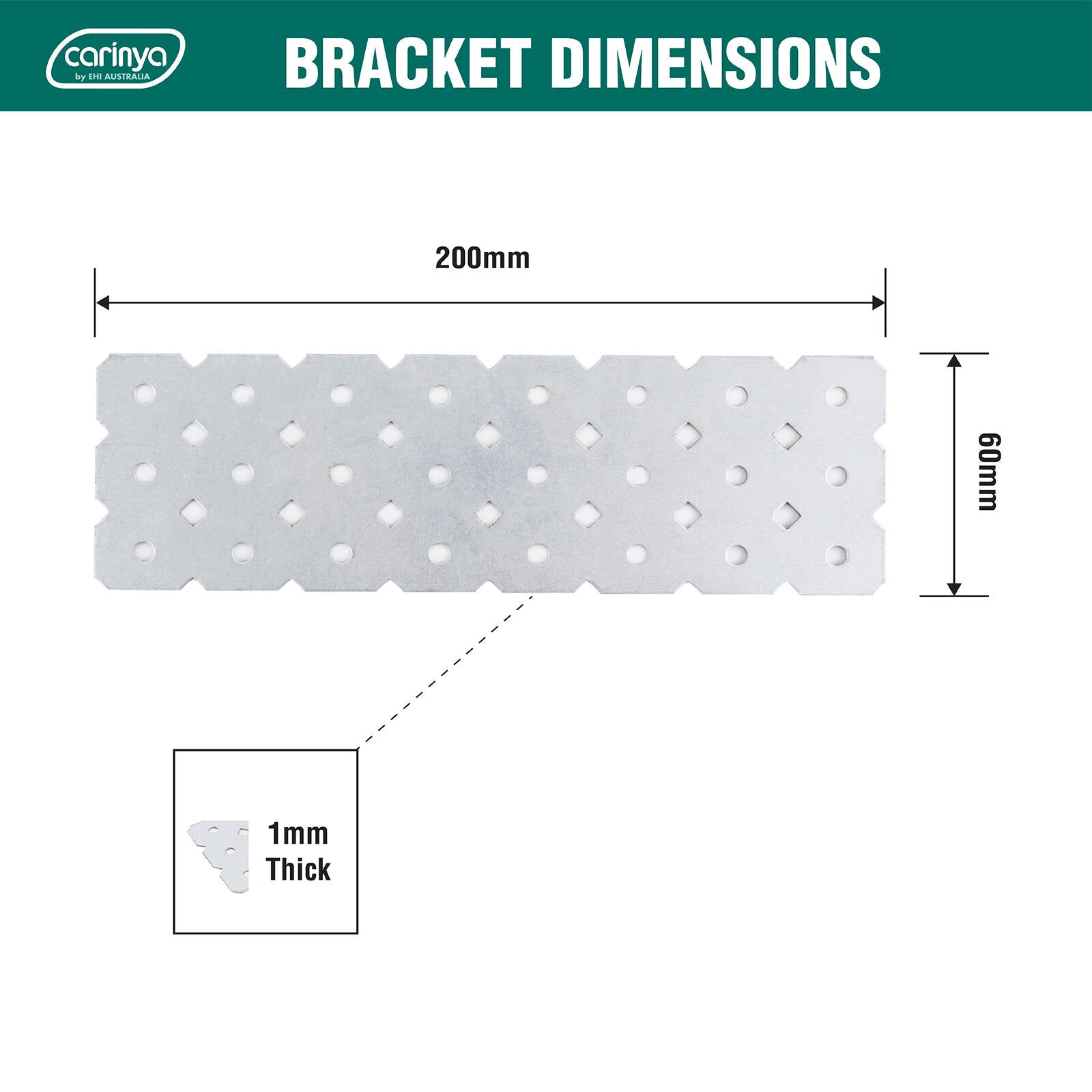 Carinya 200 x 60 x 1mm Galvanised Steel Flat Plate Make-A-Bracket, Customisable