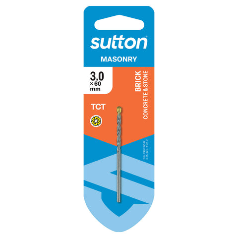 Sutton Tools 3 x 60mm SF TCT Masonry Drill Bit, Carbide Tip, Stone, Brick & Concrete