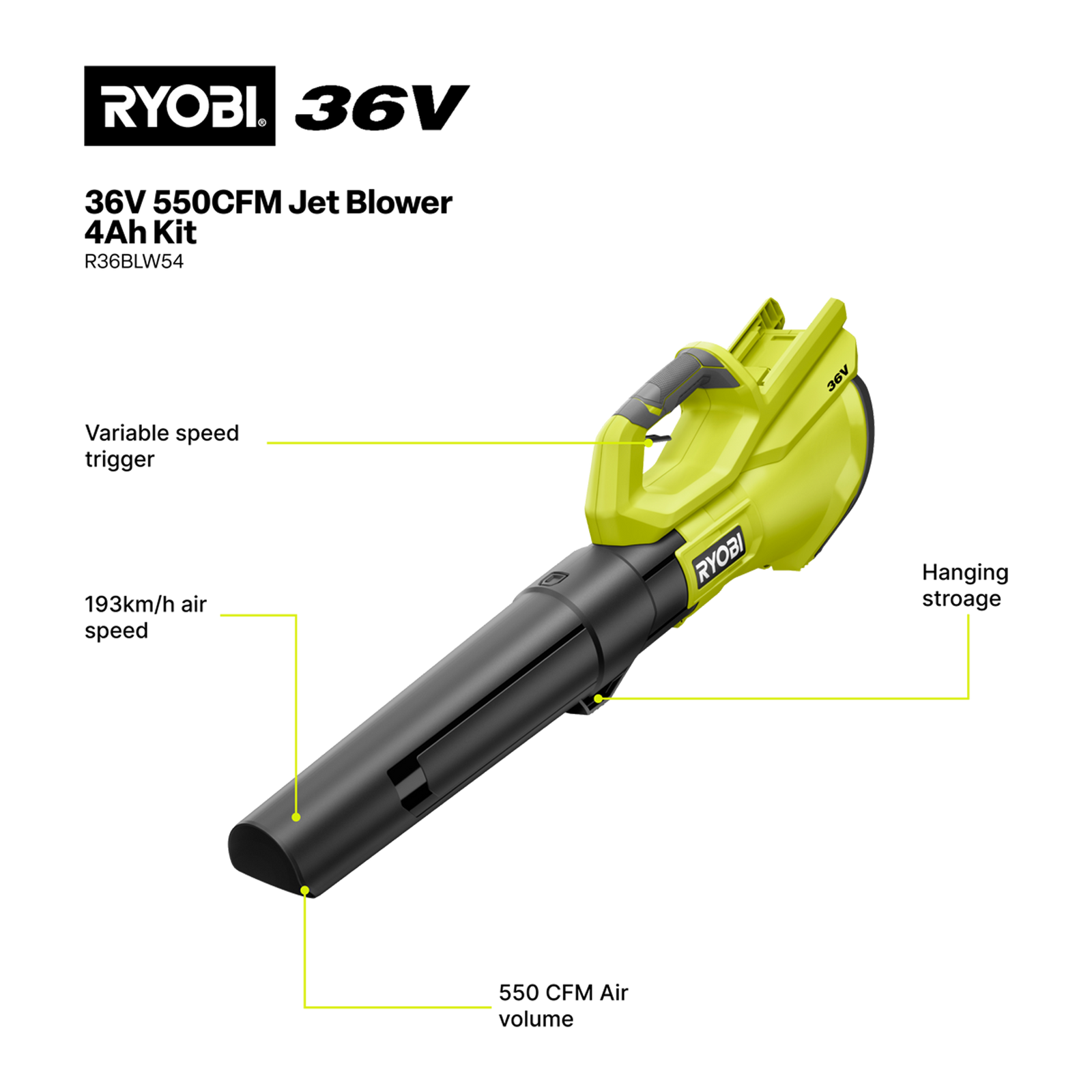 Ryobi 36V 550CFM Jet Blower 4.0Ah Kit R36BLW54