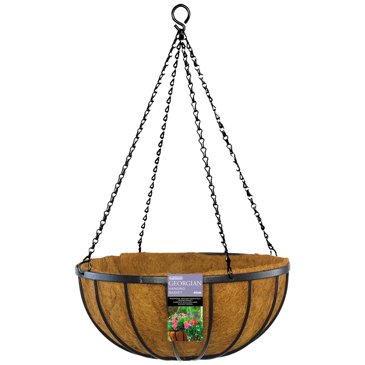 Brunnings 40cm Black Georgian Hanging Basket - Metal - Durable Design - SuperSaverAU - view 1
