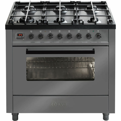 ILVE 90cm Grigio Lusso Freestanding Dual Fuel Oven/Stove - 97L, 11 Functions, Wok Burner - L096WMP/GRD
