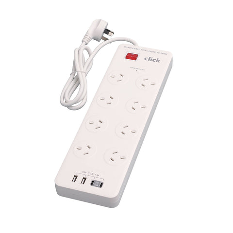 Click 8 Outlet Power Board with USB Charger 240V 2400W Surge 1m Lead CPB8U