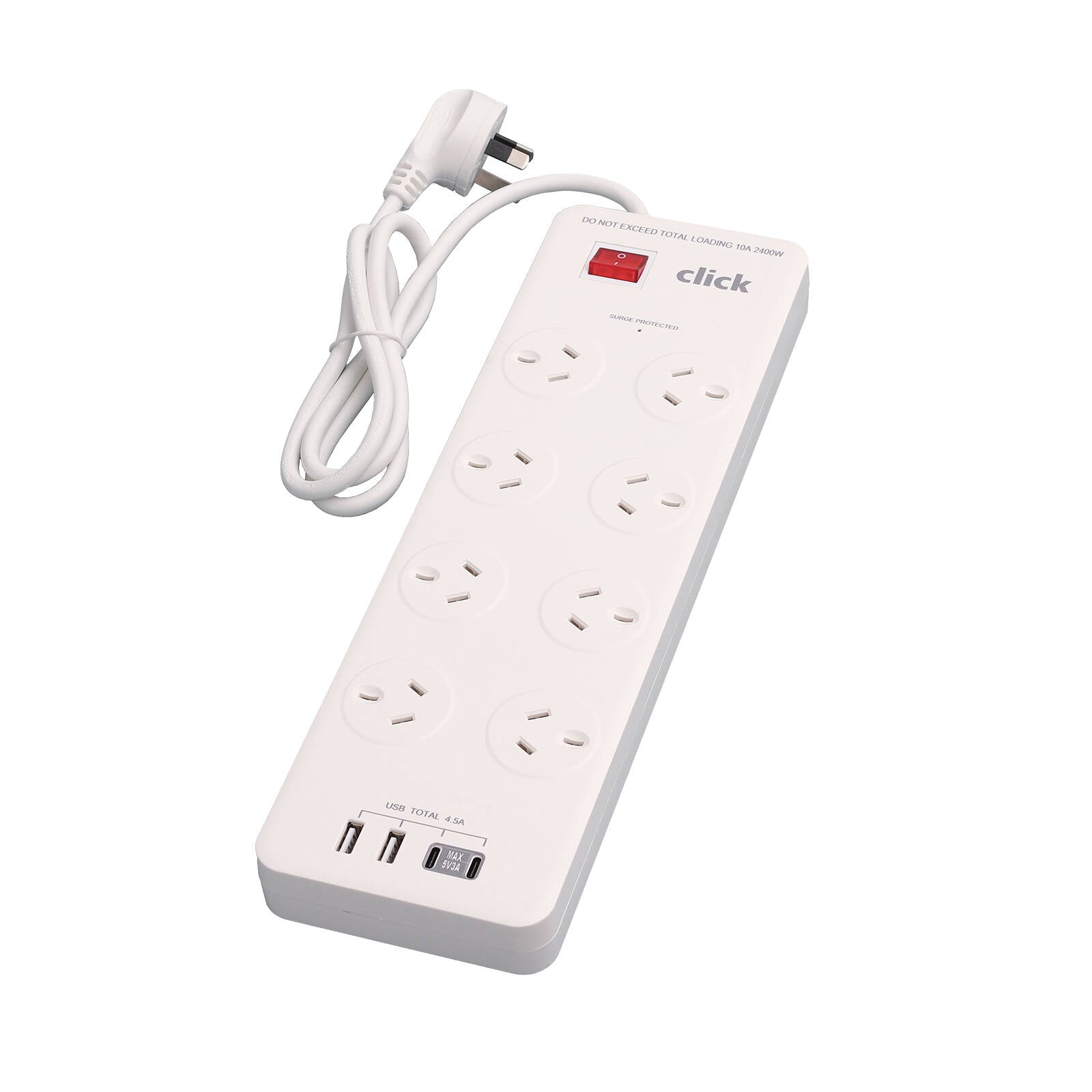Click 8 Outlet Power Board with USB Charger 240V 2400W Surge 1m Lead CPB8U