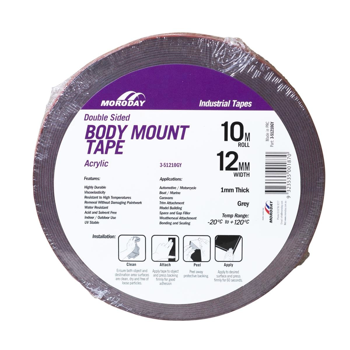 Moroday 12mm x 10m Grey Acrylic Double Sided Body Mount Tape