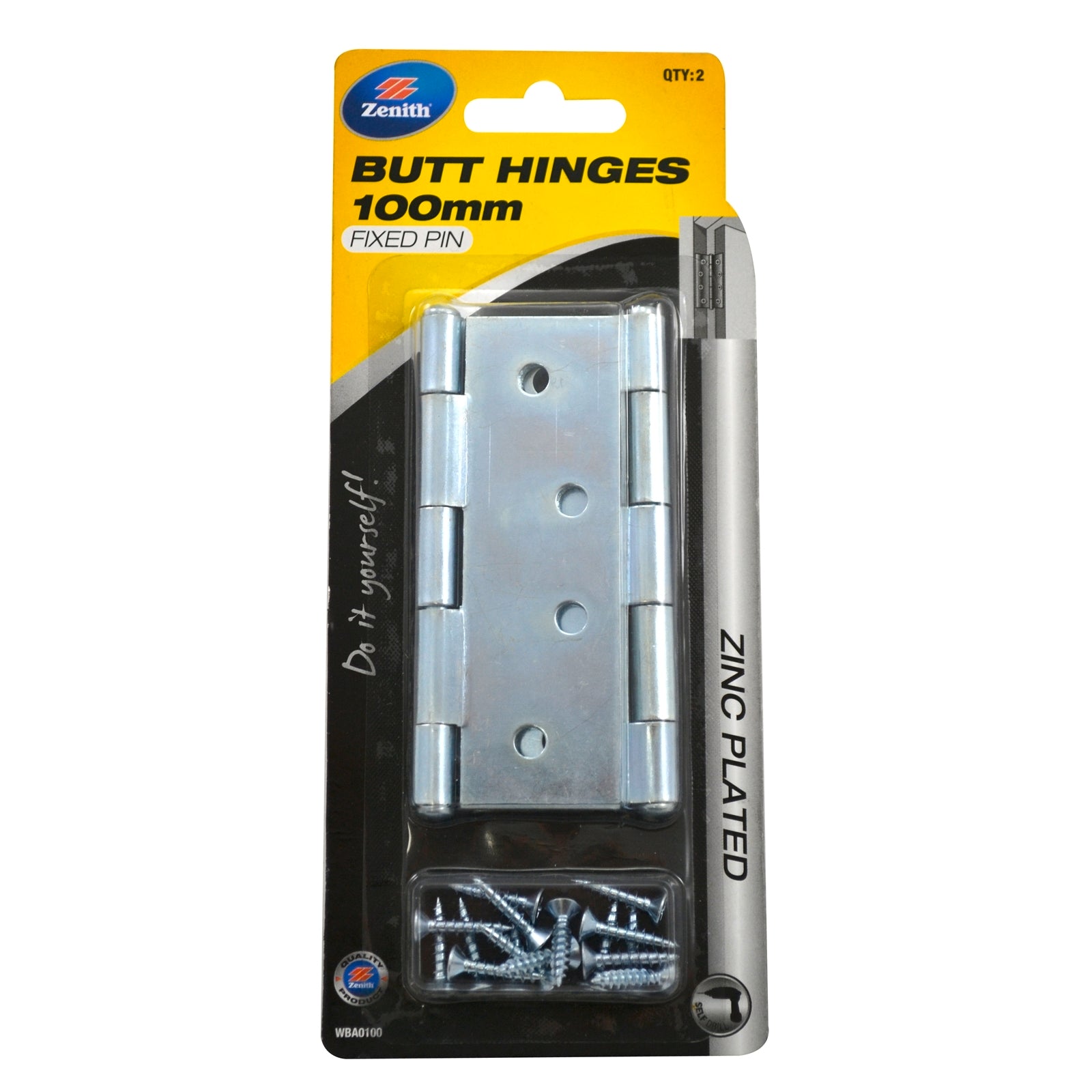 Lane 100mm Zinc Plated Fixed Pin Durasmooth Butt Hinge - 2 Pack
