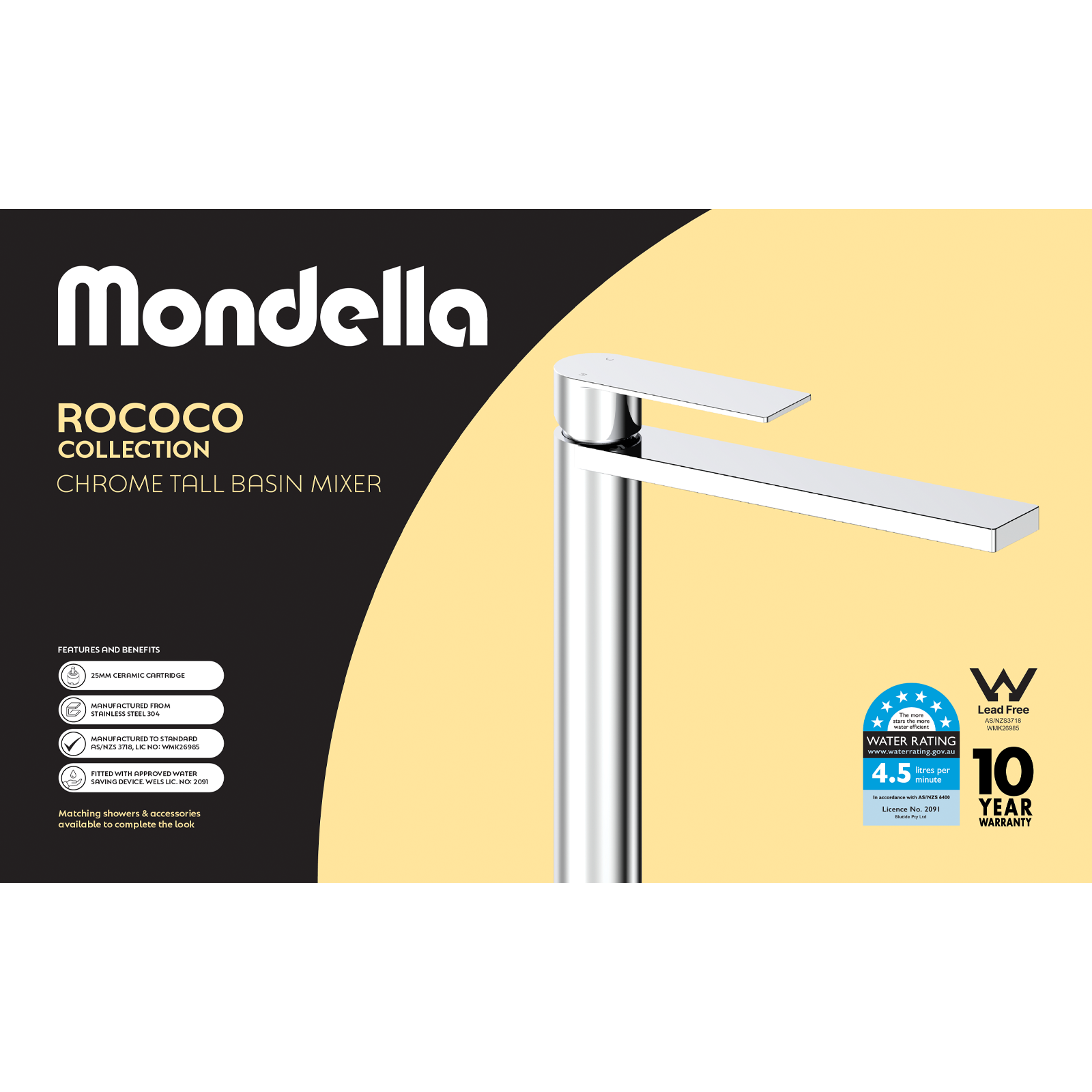 Mondella Chrome Rococo Tall Basin Mixer 6 Star WELS 4.5L/min