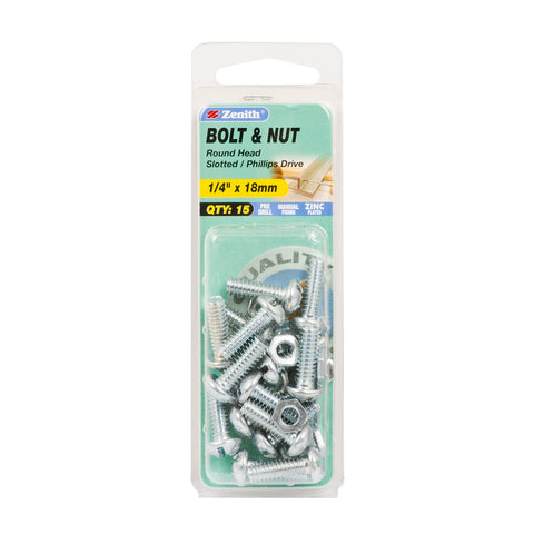 Zenith 1/4" x 18mm Zinc Plated Round Head Bolt and Nut - Steel, 15 Pack