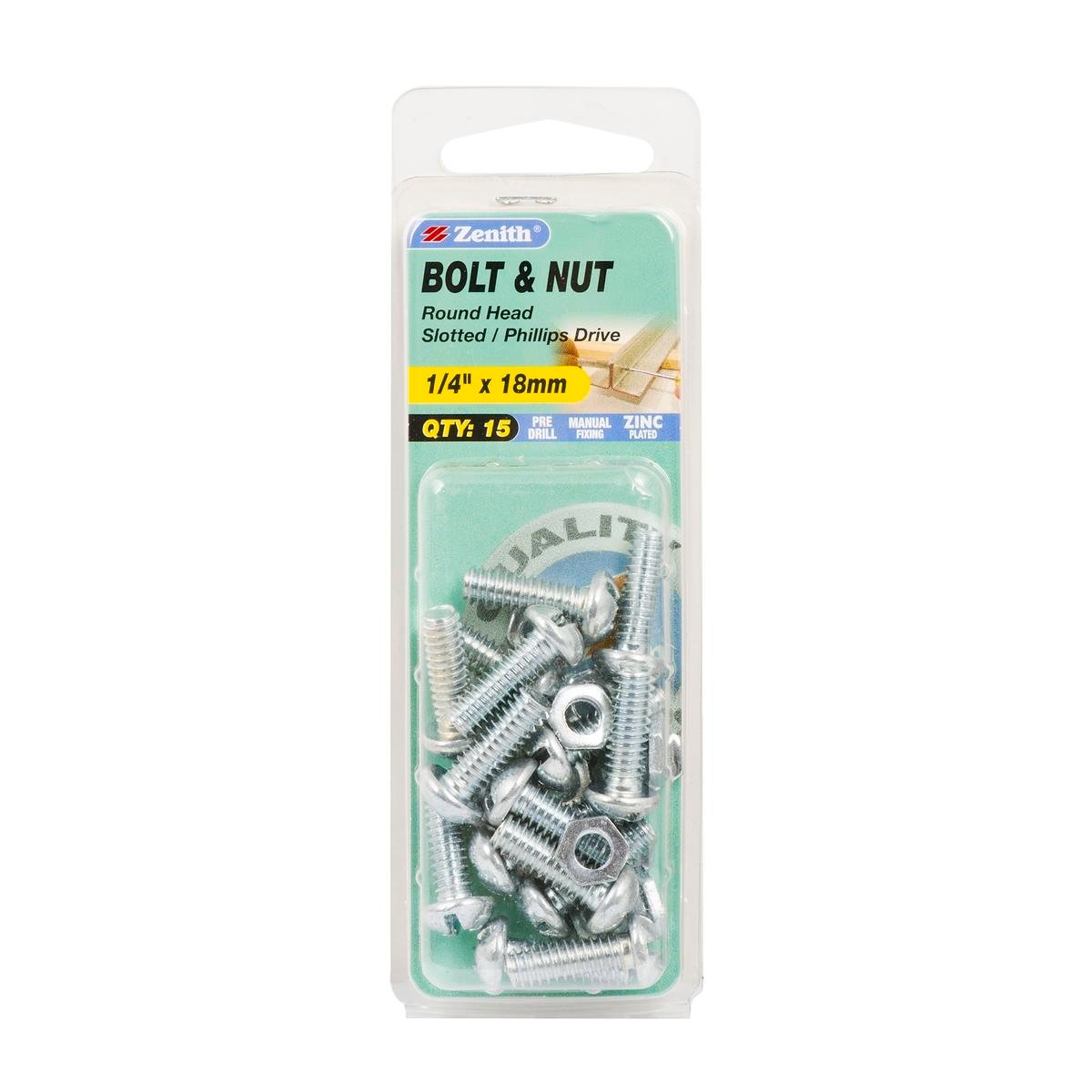 Zenith 1/4" x 18mm Zinc Plated Round Head Bolt and Nut - Steel, 15 Pack
