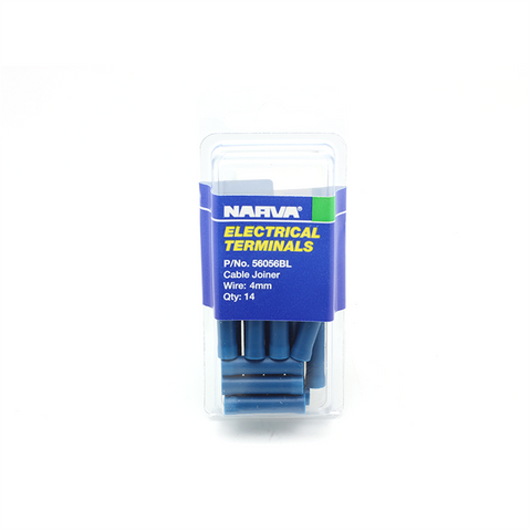 Narva 4mm Blue Fully Insulated Flared Vinyl Butt Splice Cable Joiner - 14 Pack