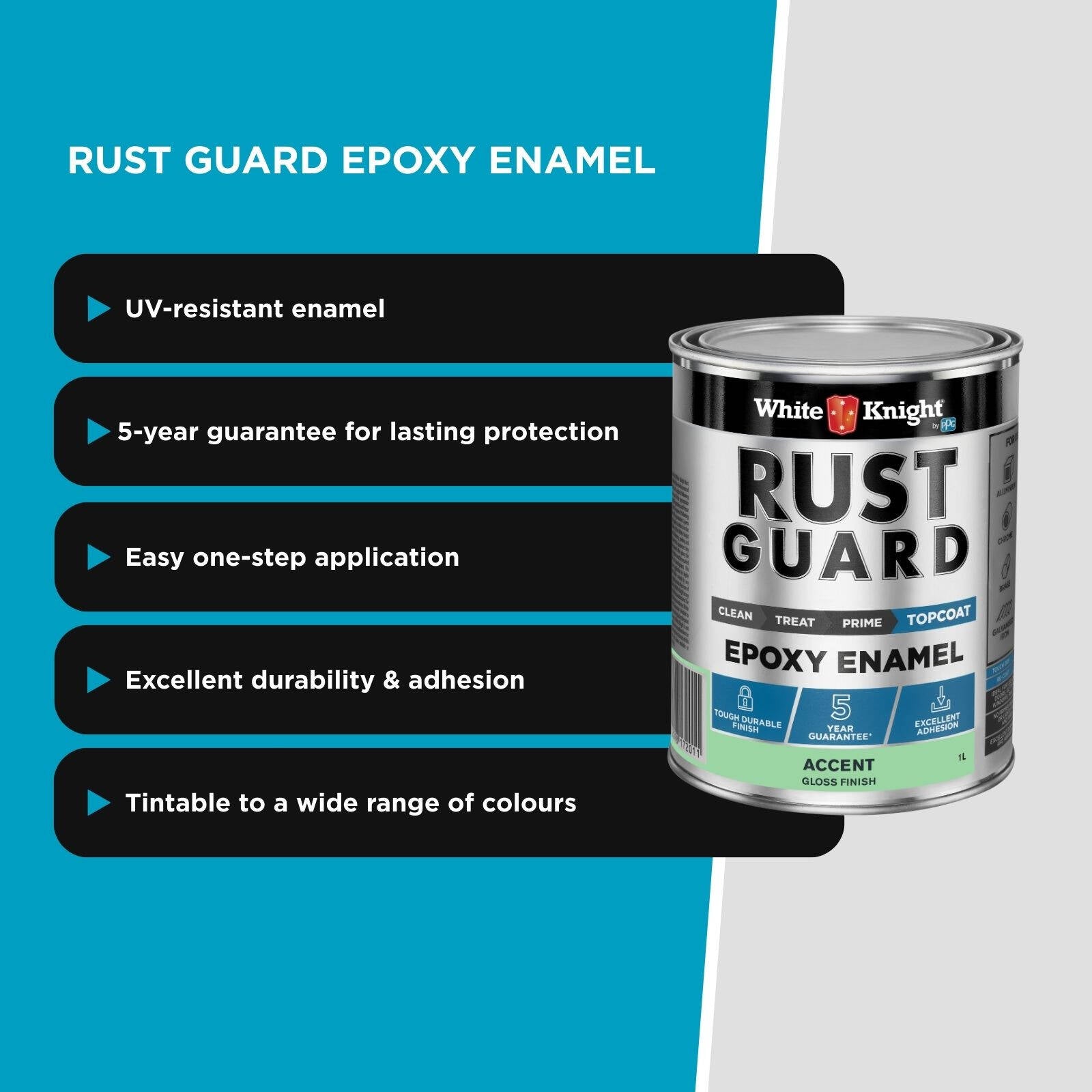 White Knight Rust Guard 1L Accent Gloss Epoxy Enamel Paint, Solvent-Based, One-Step for Metal Surfaces