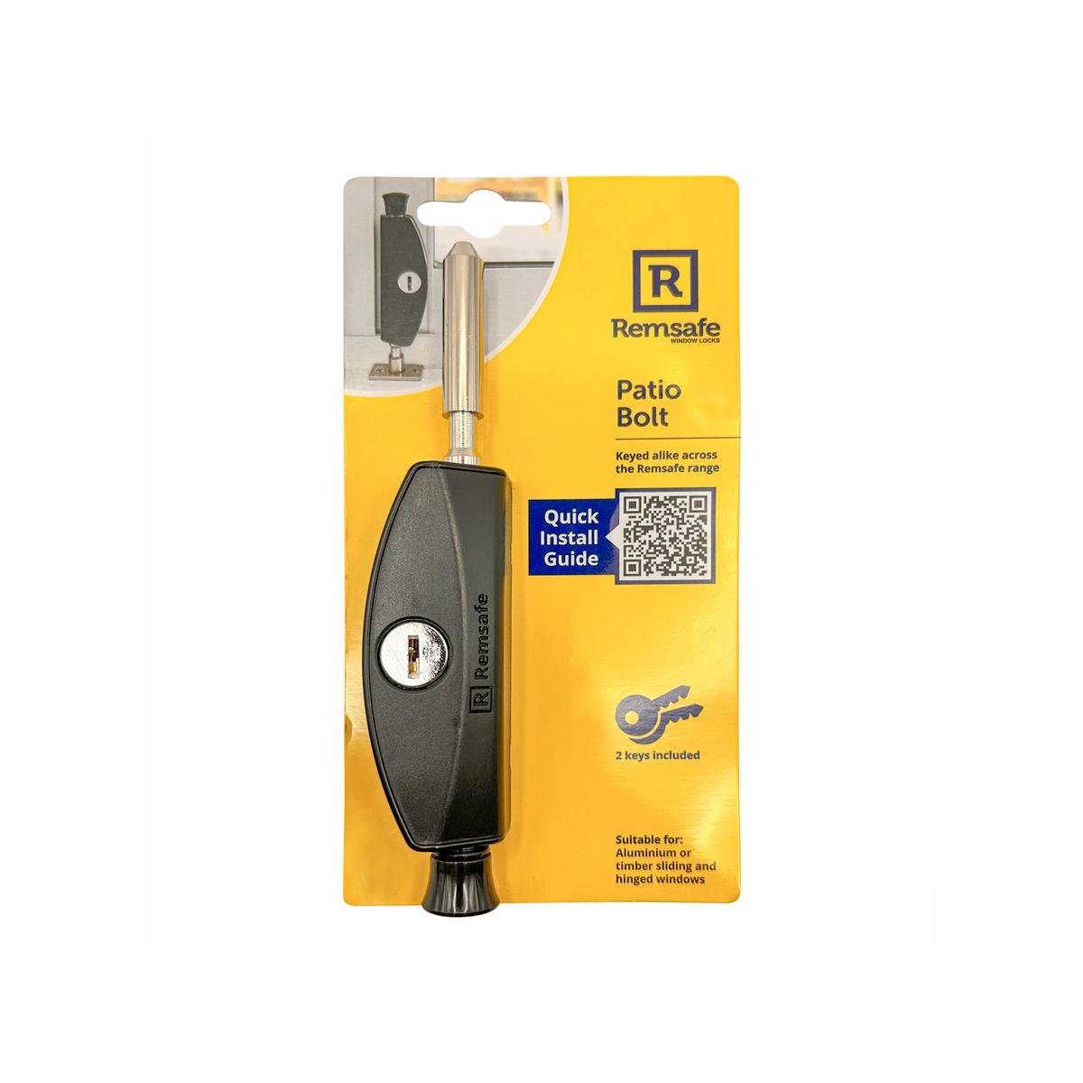 Remsafe Black Window & Door Patio Bolt - Lockable, Black Powdercoat Steel