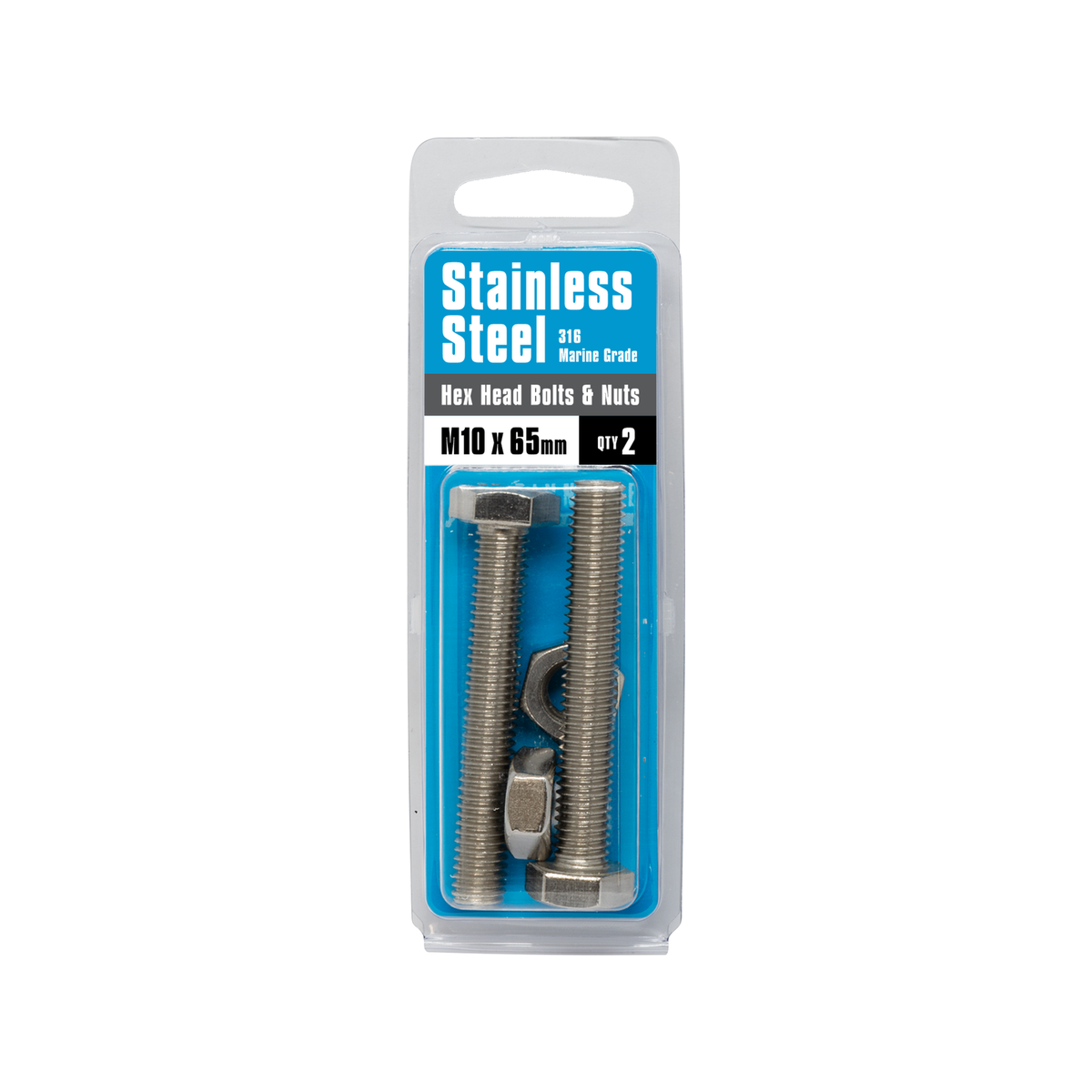 Pinnacle M10 x 65mm Stainless Steel Hex Bolt and Nut - 2 Pack