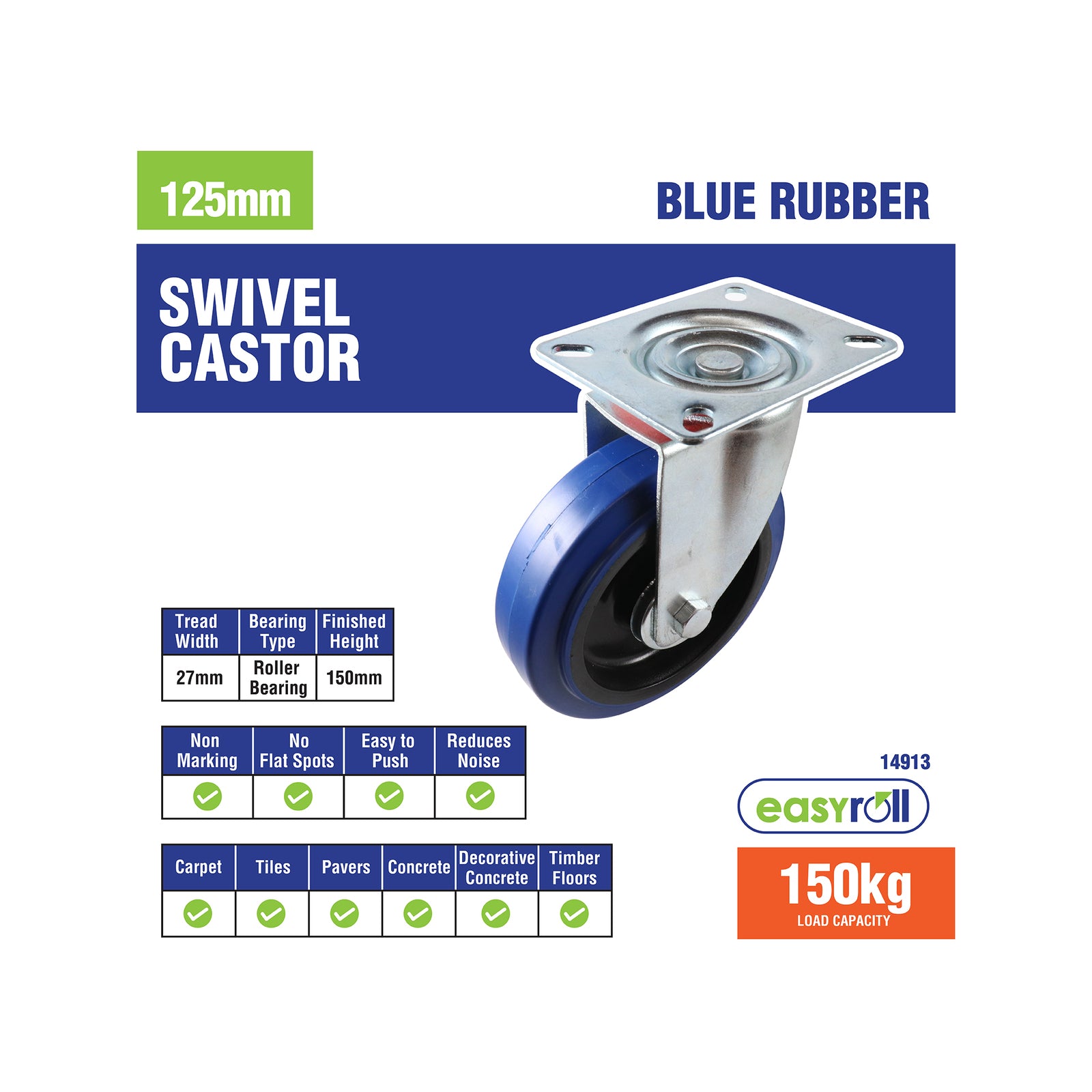 Easyroll 125mm Blue Rubber Heavy Duty Swivel Castor 150kg