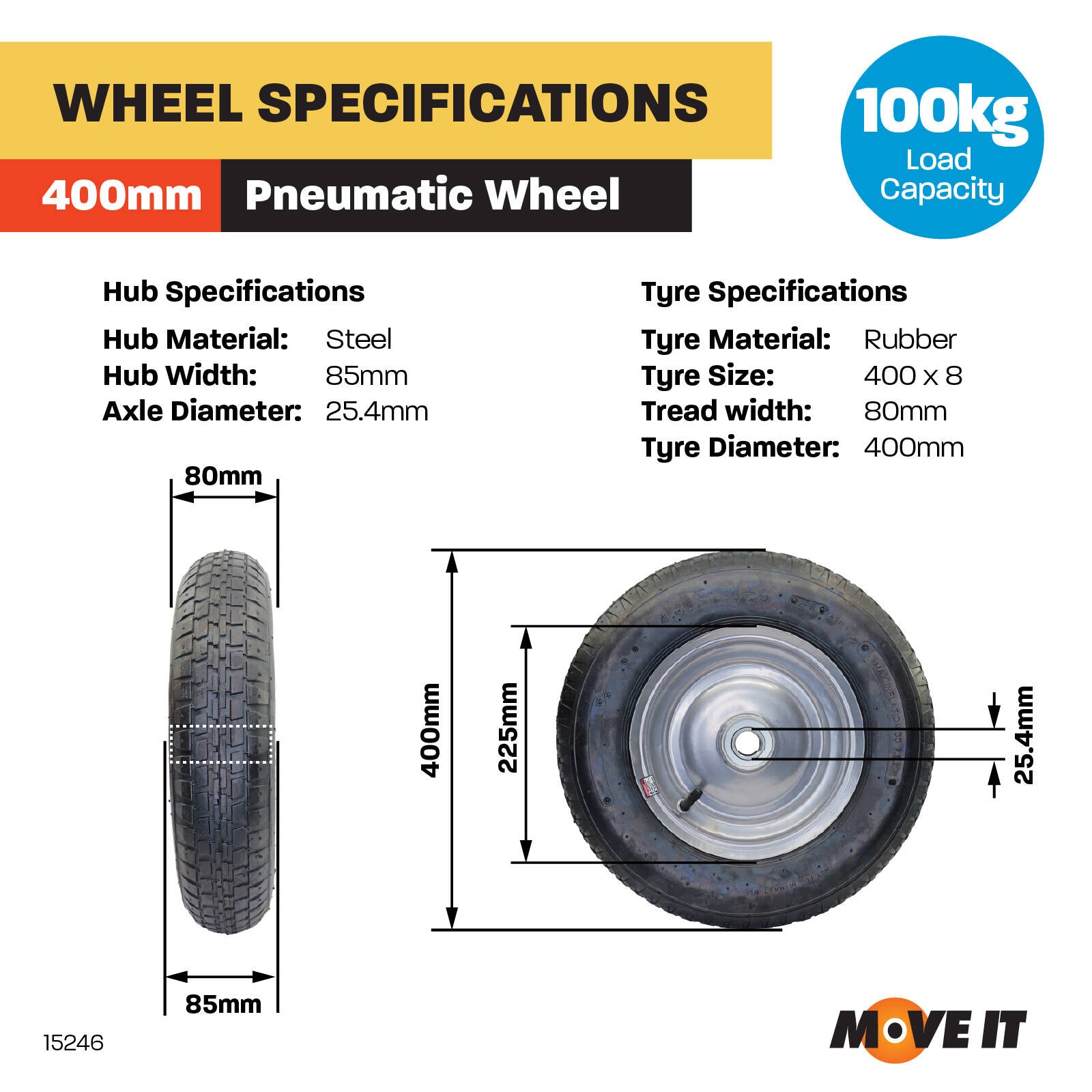 Move It 4.0 x 8" Steel Centre Pneumatic Wheel, 1" Axle, 100kg