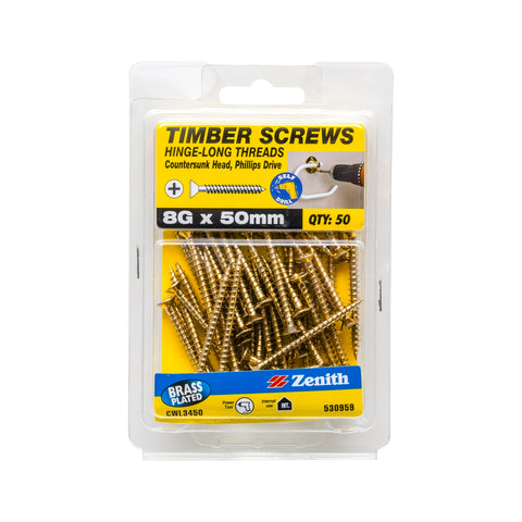 Zenith 8G x 50mm Brass Plated Countersunk Timber Screws - Hinge-Long Thread, 50 Pack