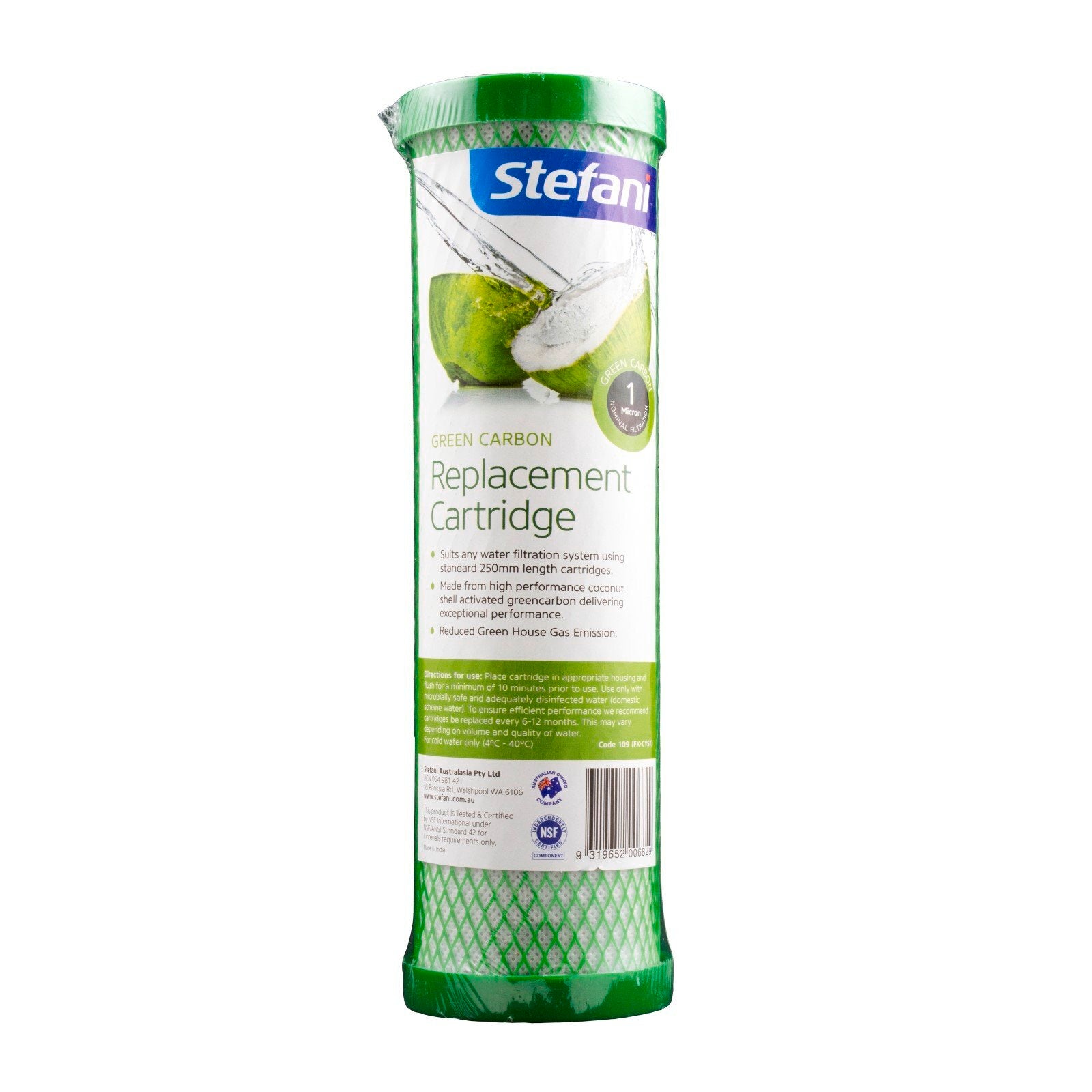Stefani 1 Micron Green Carbon Replacement Cartridge, 250mm, Coconut Activated Carbon