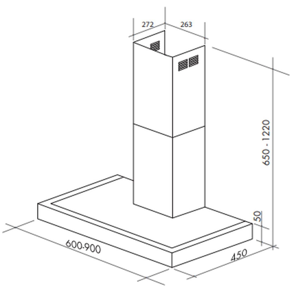 Artusi 600mm Canopy Rangehood - Stainless Steel with Black Glass Fascia, 608m³/h, Touch Controls - ATH601B