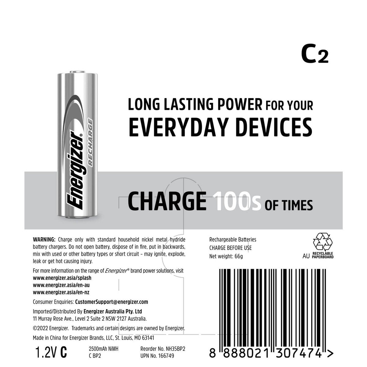 Energizer Recharge C Rechargeable Batteries - 2 Pack