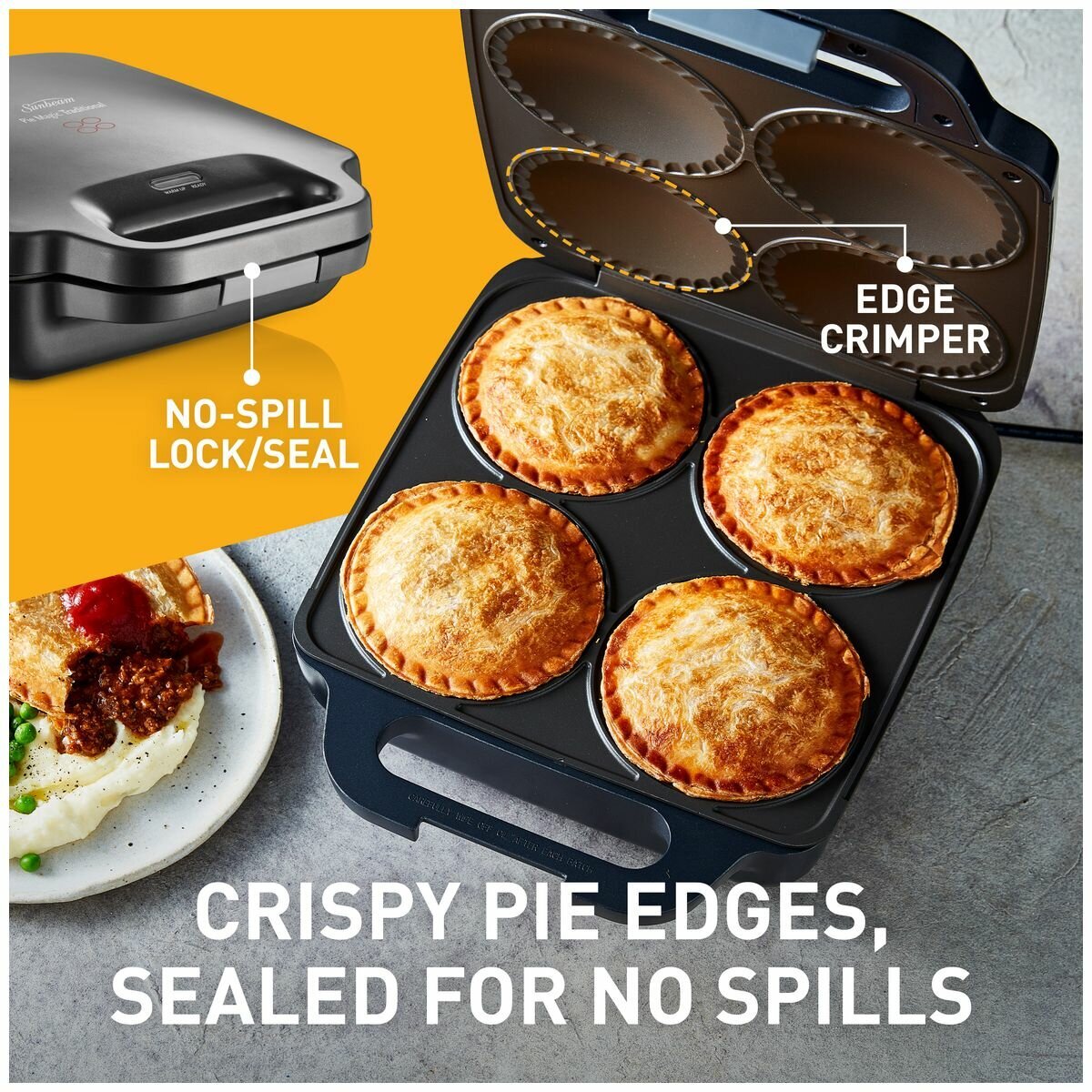 Sunbeam Pie Maker - Extra Deep Plates, Non-Stick, Pastry Cutters Included, Black - PM4800