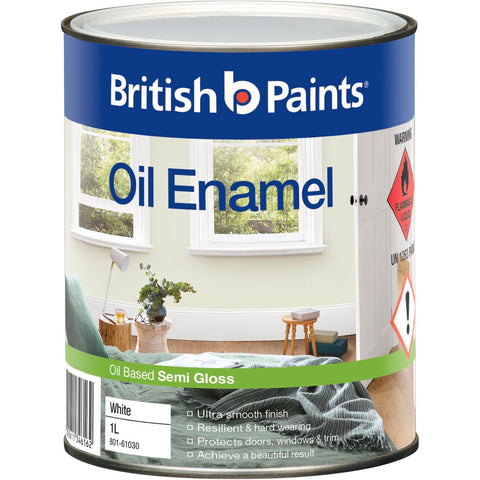 British Paints White Semi Gloss Enamel Paint 1L - Oil Based, Splatter Resistant, Tintable