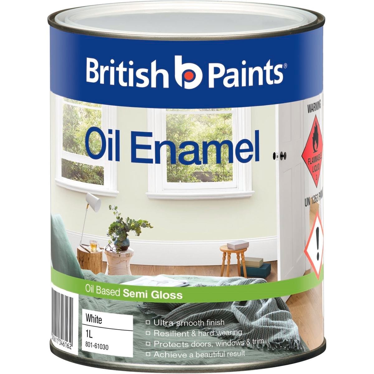 British Paints White Semi Gloss Enamel Paint 1L - Oil Based, Splatter Resistant, Tintable
