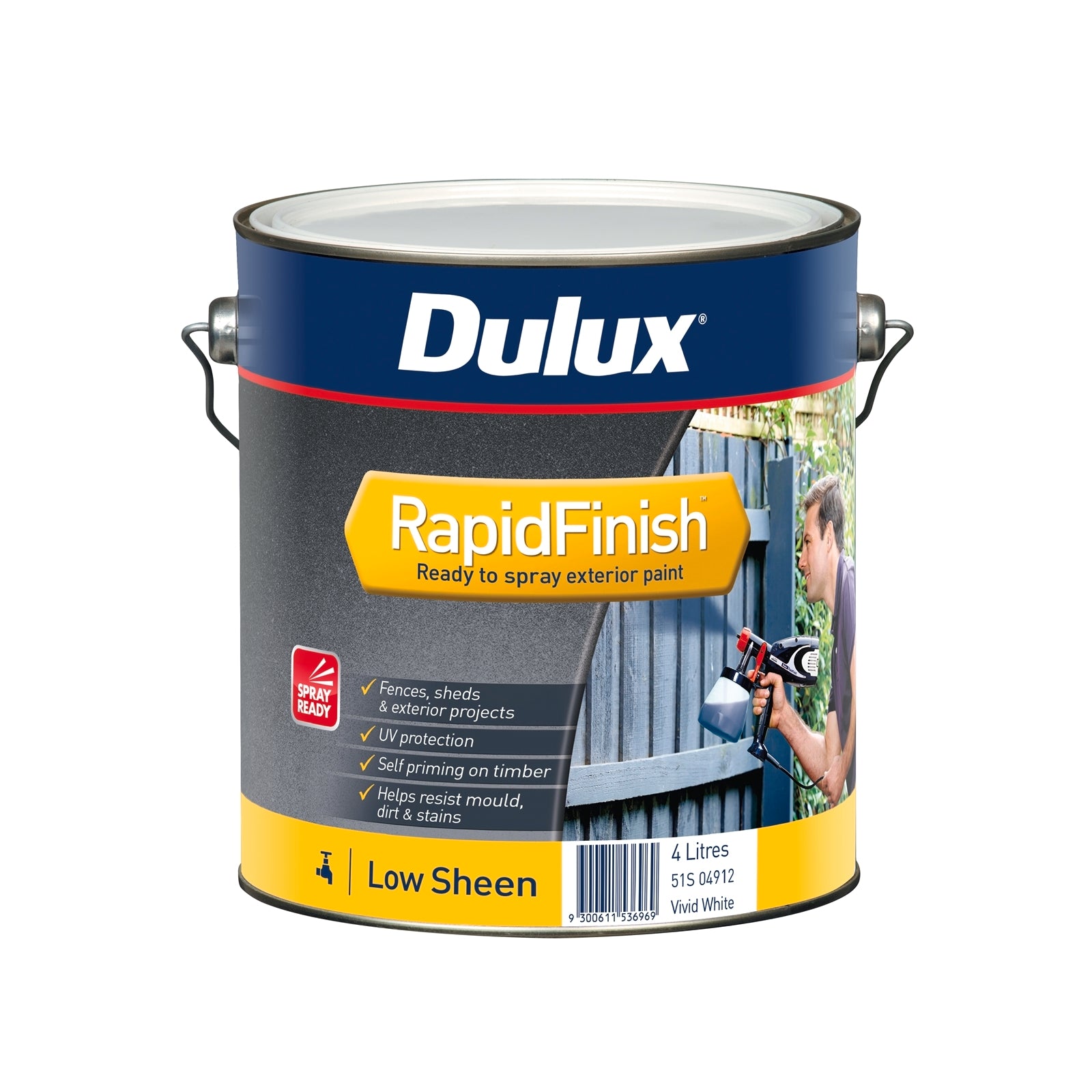 Dulux 4L Rapid Finish Low Sheen Exterior Paint - White, UV Resistant Tintable