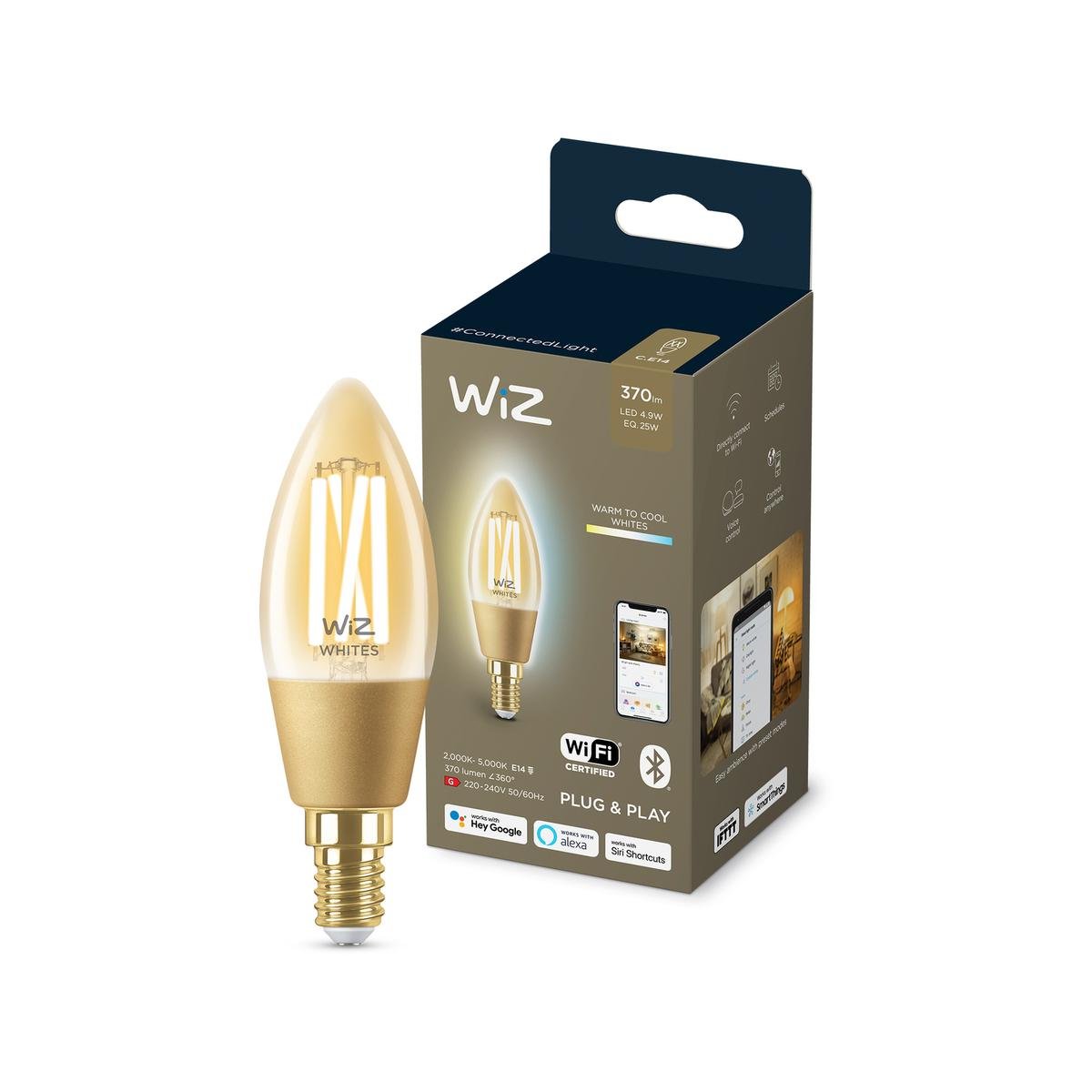 WiZ P45 E14 LED 370lm 4.9W Tuneable White Smart Filament Candle (929003017701)