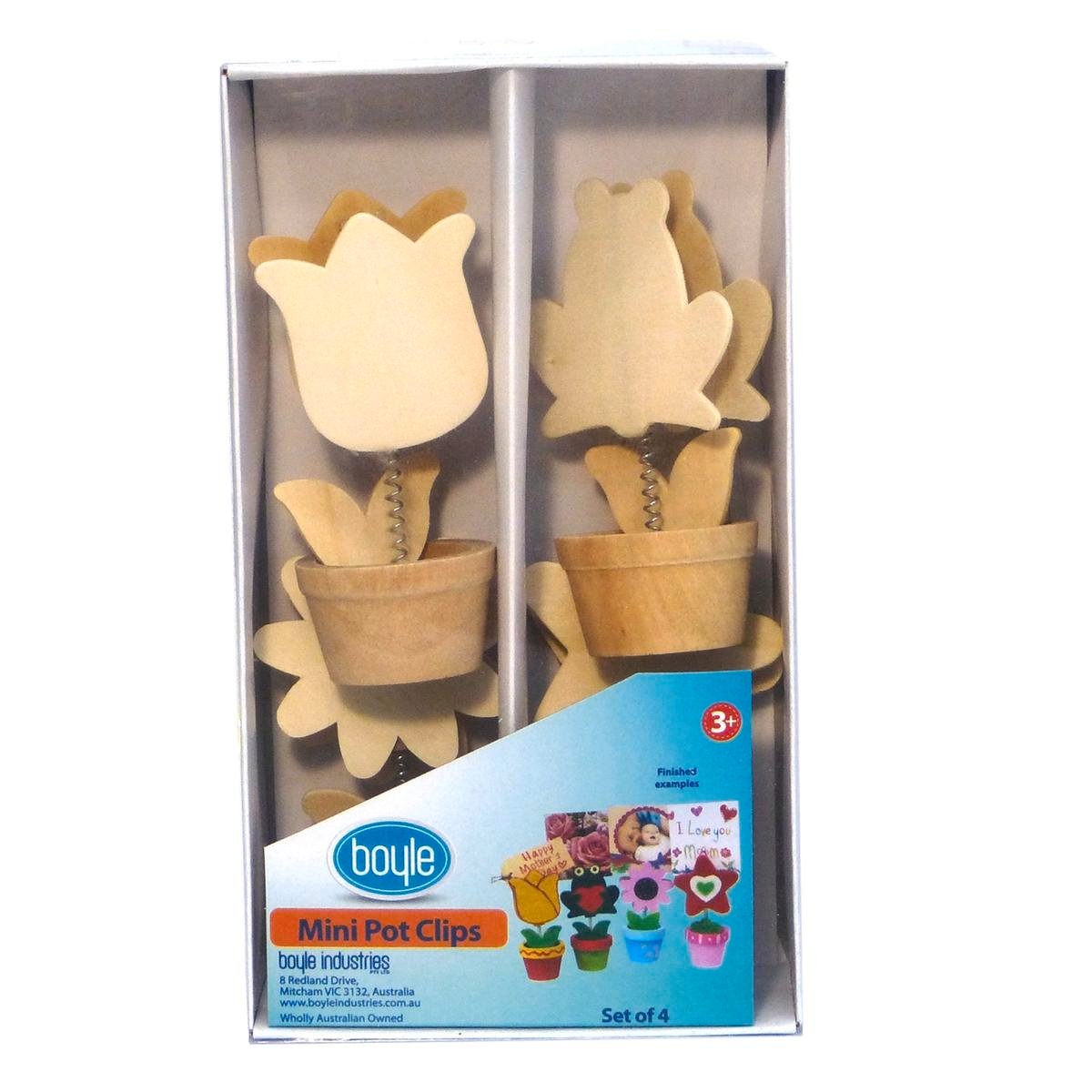 Boyle Photo and Note Clip Mini Pot 4 Piece Set, Decorate-Your-Own Pinewood Craft Kit