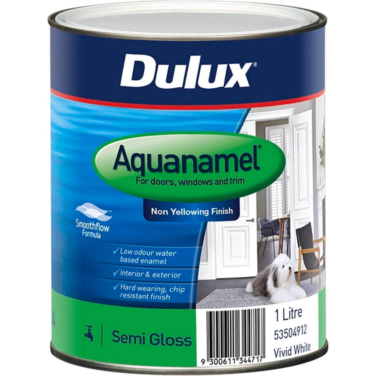 Dulux Aquanamel Semi Gloss Enamel Paint 1L White Water-Based