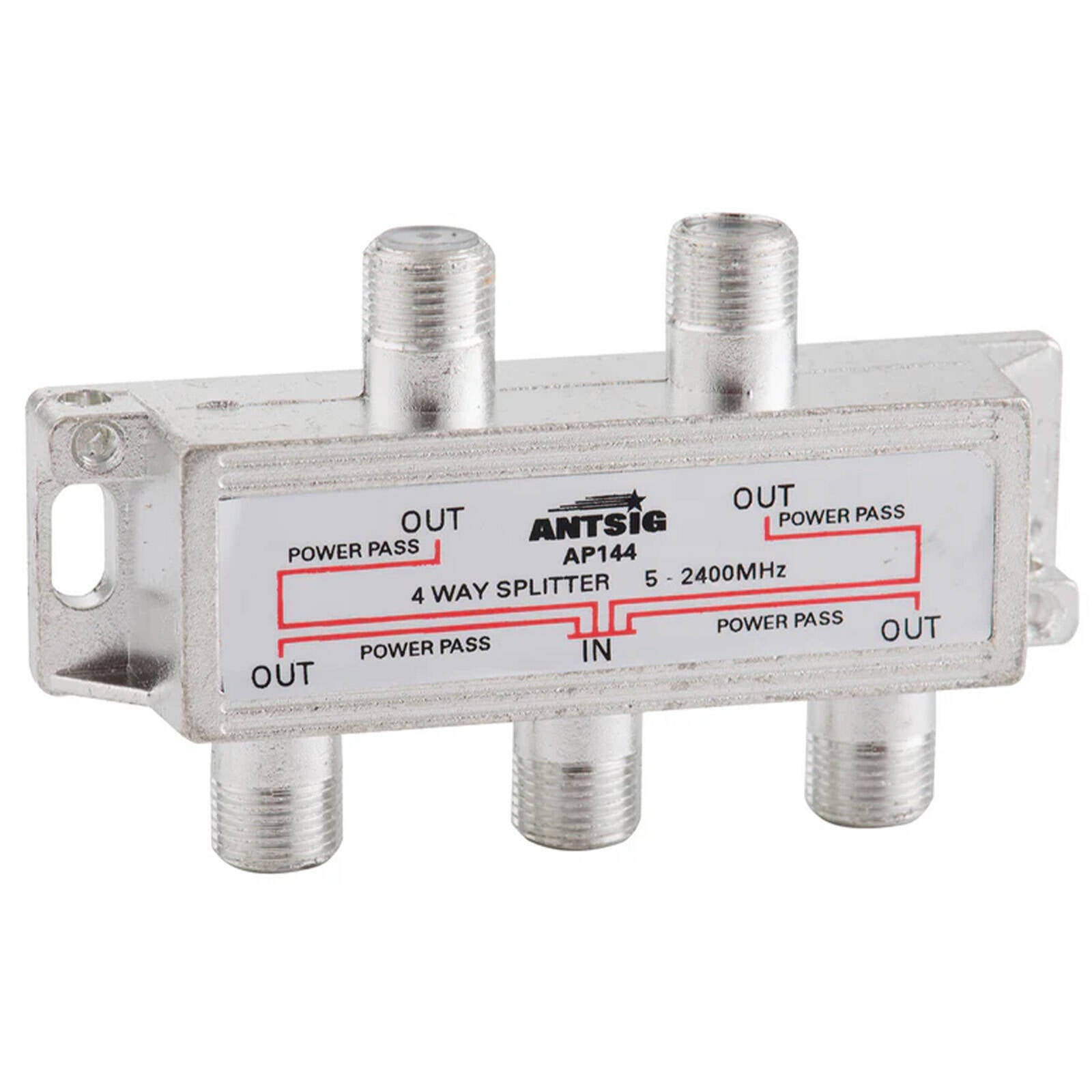 Antsig 4 Way Splitter with F-Connector Outlets - Zinc/Aluminium, Power Pass Indoor