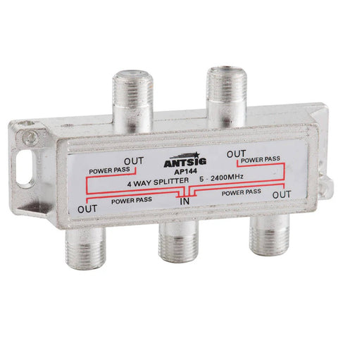 Antsig 4 Way Splitter with F-Connector Outlets - Zinc/Aluminium, Power Pass Indoor