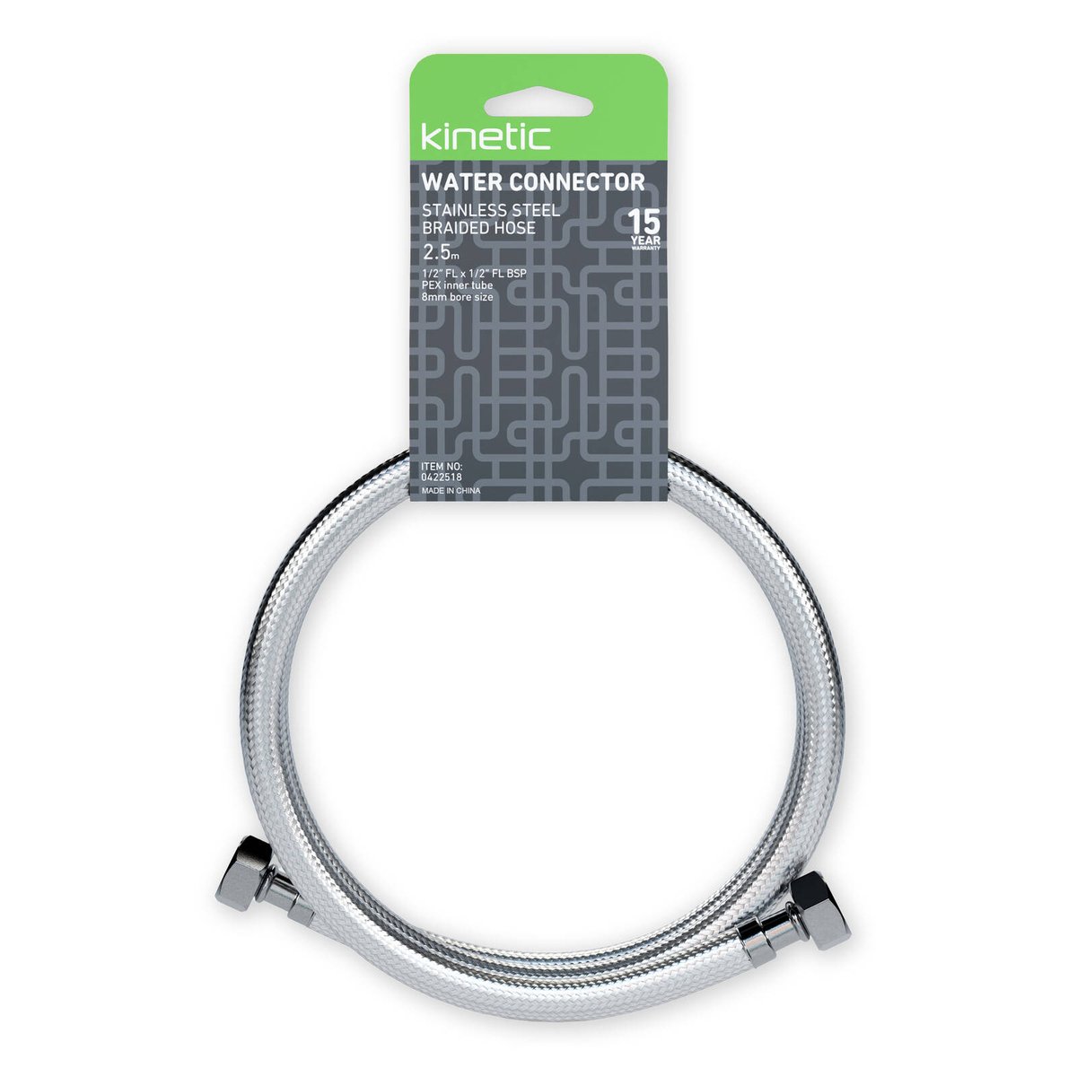 Kinetic 2500mm Stainless Steel Flexible Braided Water Connector 500kPa