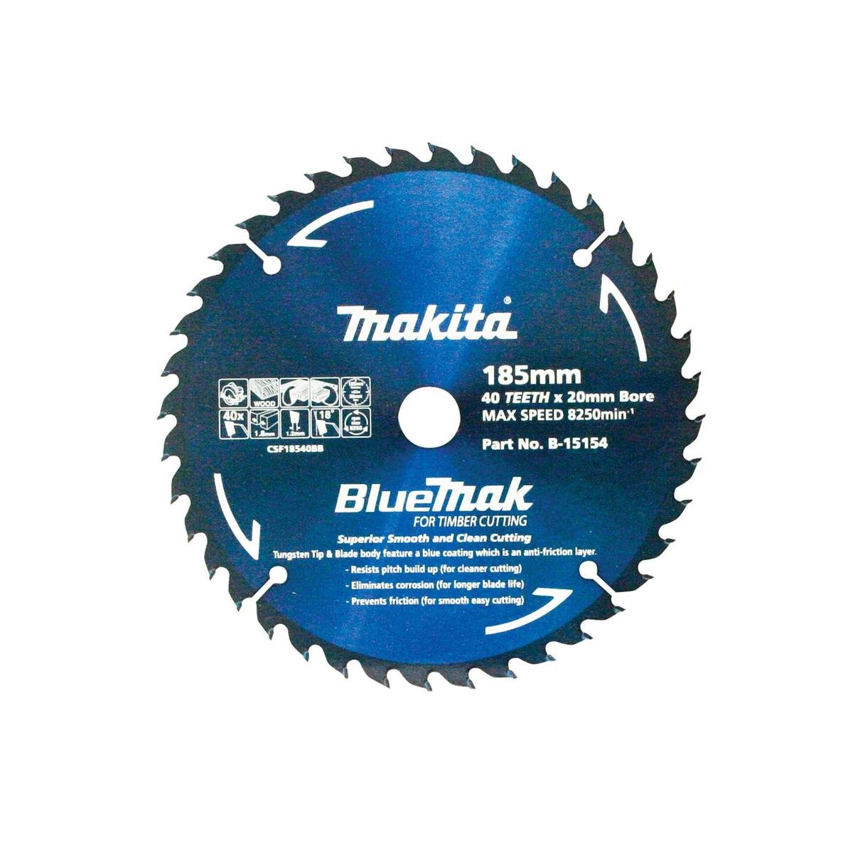Makita 185mm 40T BlueMak TCT Circular Saw Blade, 20mm Bore, Wood Cutting