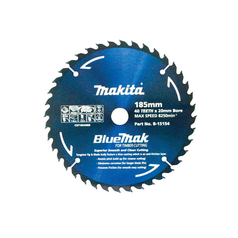 Makita 185mm 40T BlueMak TCT Circular Saw Blade, 20mm Bore, Wood Cutting