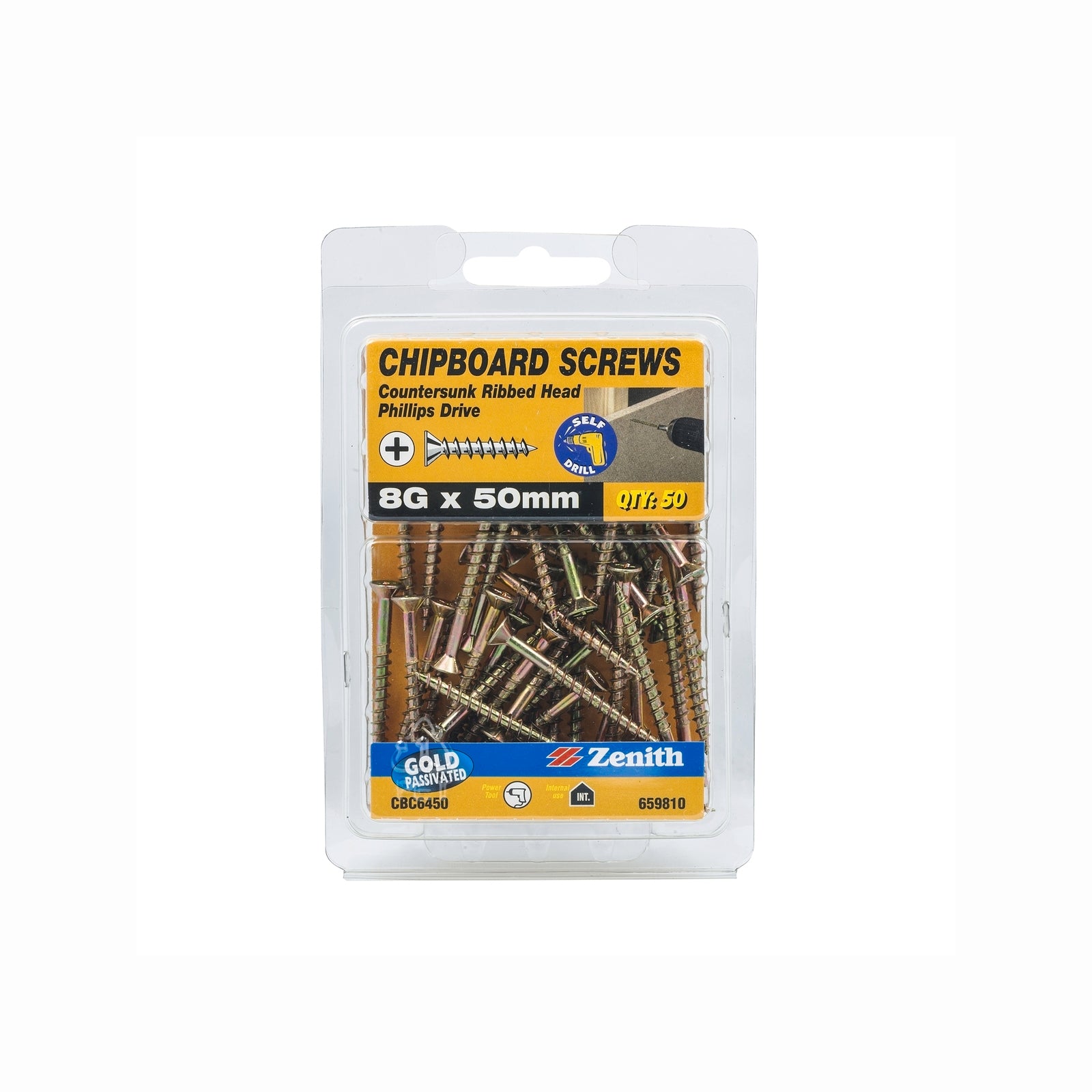 Zenith 8G x 50mm Gold Passivated Countersunk Rib Head Chipboard Screws - 50 Pack