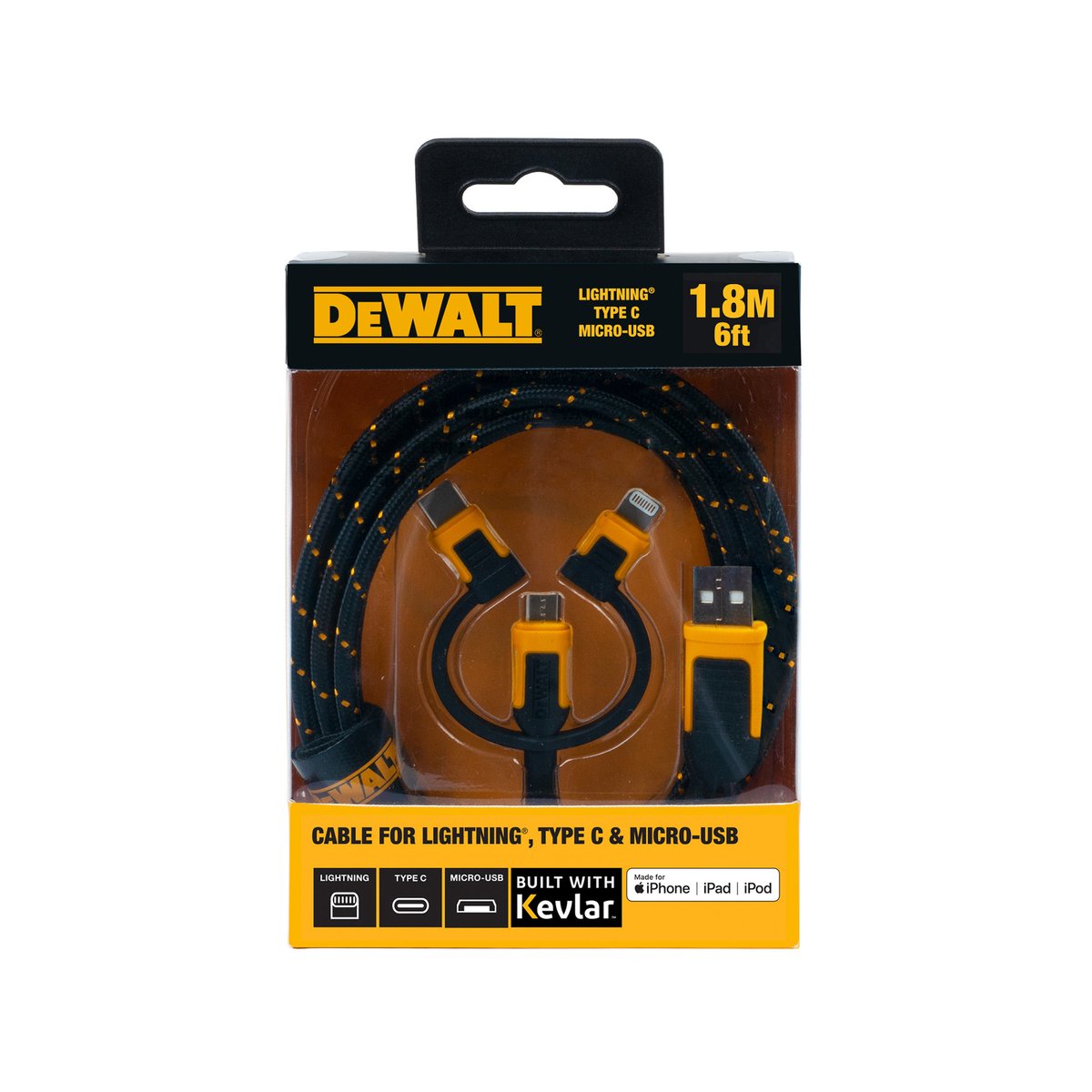 DeWALT 1.8m 3-in-1 Lightning, Type C & Micro-USB Kevlar Charging Cable