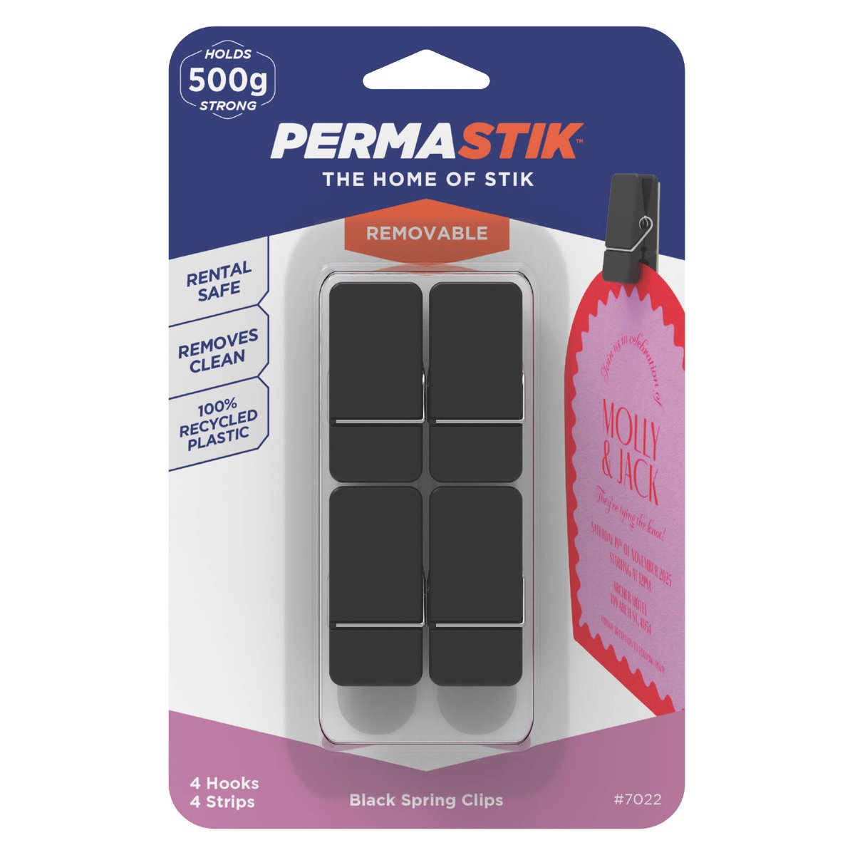 Permastik Self-Adhesive Spring Clips 4 Pack - Black Plastic, Holds 500g